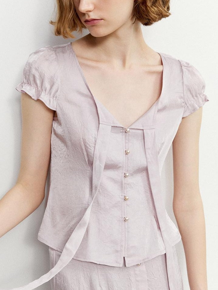 someonesometimes Tie Front V-neck Puff Sleeve Slim Casual Love Print Acetate Women Blouses