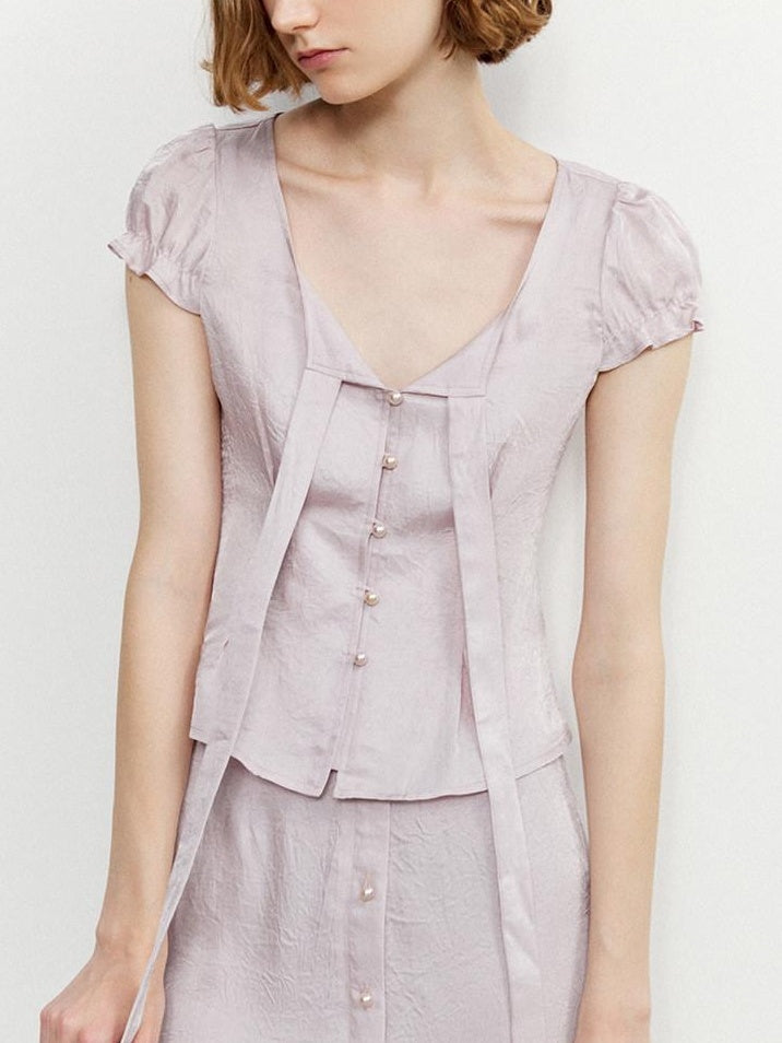 someonesometimes Tie Front V-neck Puff Sleeve Slim Casual Love Print Acetate Women Blouses