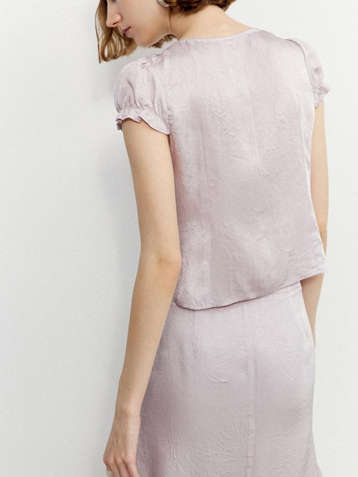 someonesometimes Tie Front V-neck Puff Sleeve Slim Casual Love Print Acetate Women Blouses
