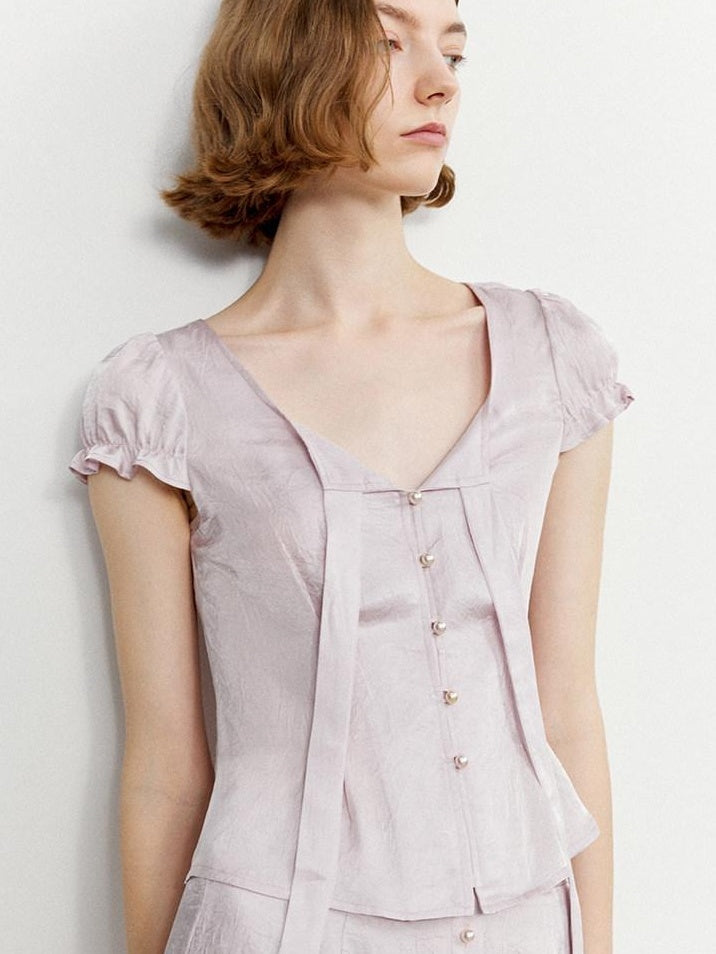 someonesometimes Tie Front V-neck Puff Sleeve Slim Casual Love Print Acetate Women Blouses