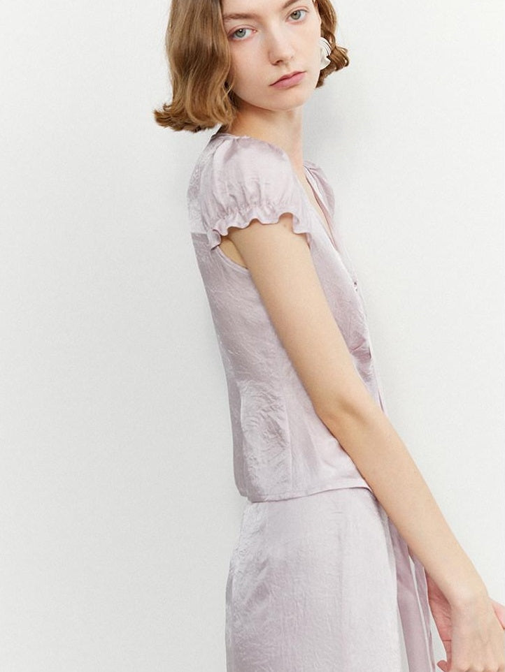 someonesometimes Tie Front V-neck Puff Sleeve Slim Casual Love Print Acetate Women Blouses