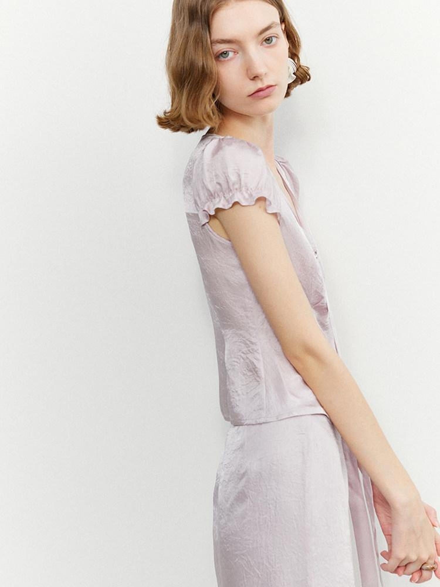 someonesometimes Tie Front V-neck Puff Sleeve Slim Casual Love Print Acetate Women Blouses