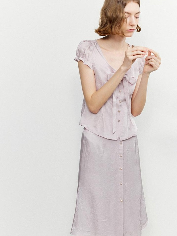 someonesometimes Tie Front V-neck Puff Sleeve Slim Casual Love Print Acetate Women Blouses