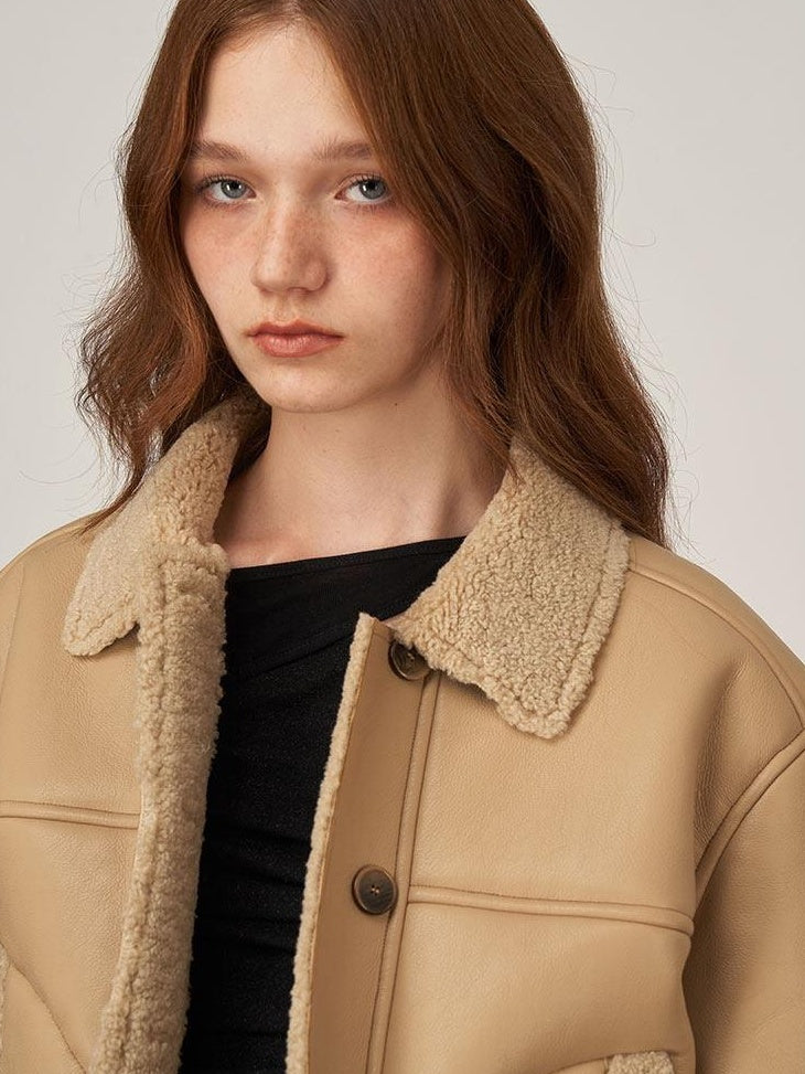 someonesometimes Vegan Pu Leather Commuter Lapel Relaxed Fit Gray Khaki Women Leather Jackets