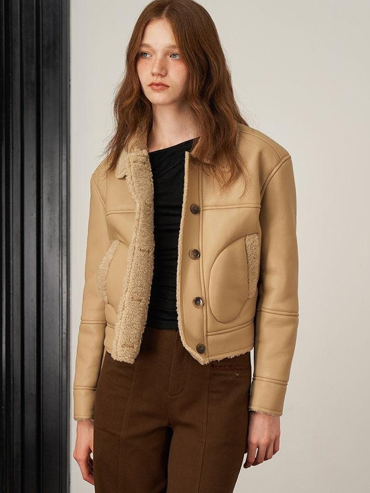 someonesometimes Vegan Pu Leather Commuter Lapel Relaxed Fit Gray Khaki Women Leather Jackets