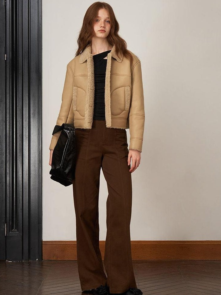 someonesometimes Vegan Pu Leather Commuter Lapel Relaxed Fit Gray Khaki Women Leather Jackets