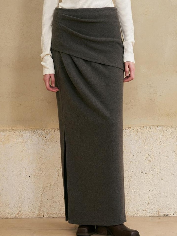 someonesometimes Versatile Lined Knit Slit Straight H Line Mid Waist Women Casual Maxi Skirts