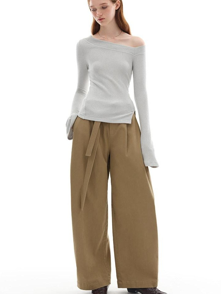 someonesometimes Versatile Minimalist Tailored Flared Low Rise Cotton Blend Ladies Wide Leg Pants