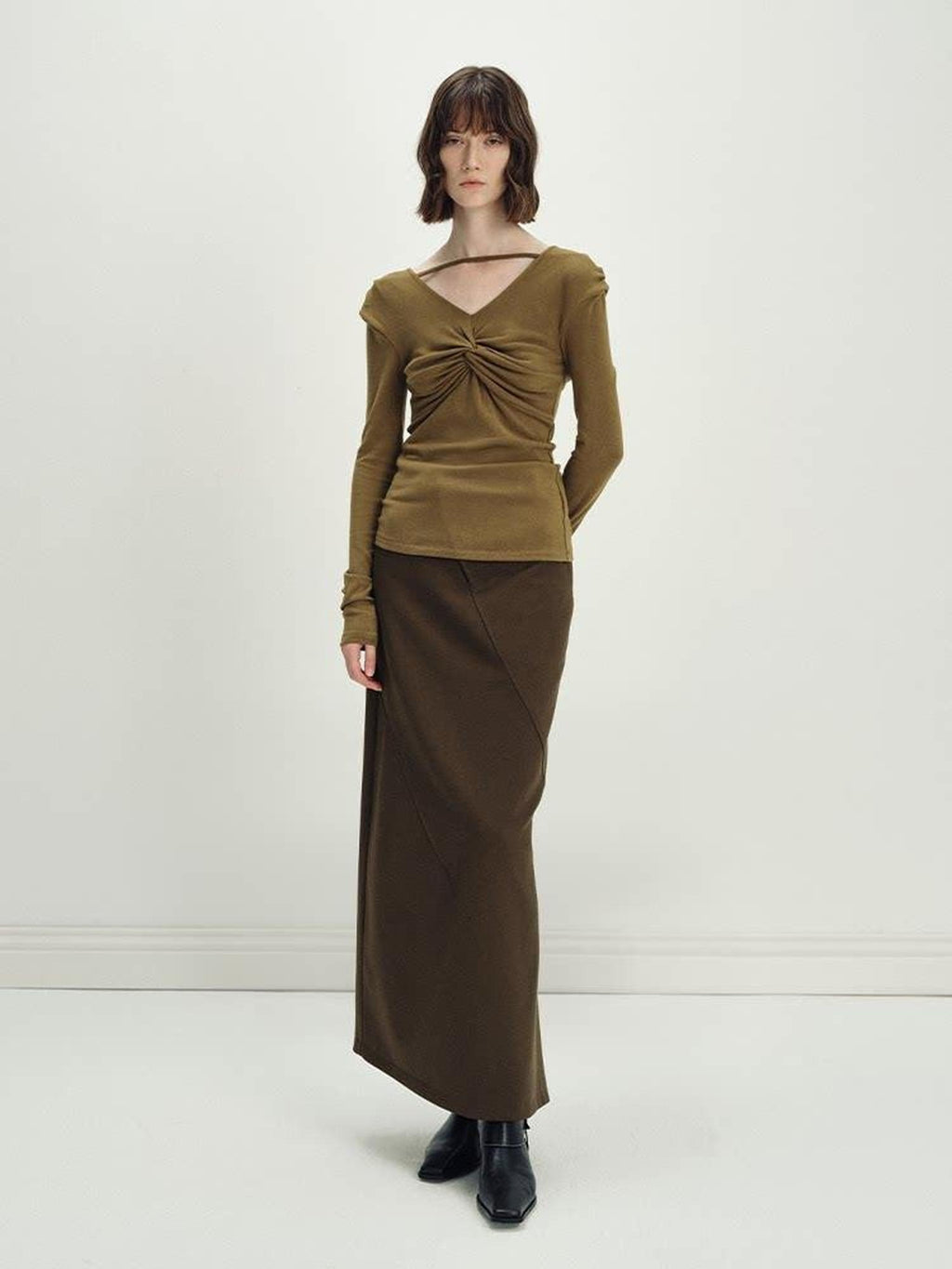 someonesometimes Versatile Olive Brown Mid Waist Back Slit H Line Polyester Midi Skirts