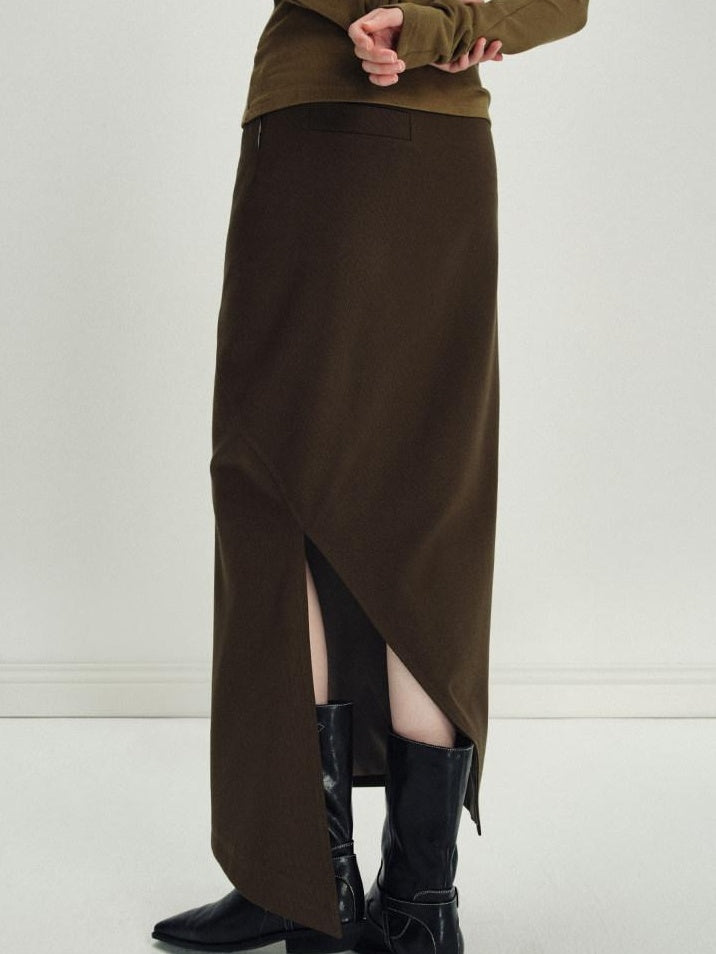 someonesometimes Versatile Olive Brown Mid Waist Back Slit H Line Polyester Midi Skirts