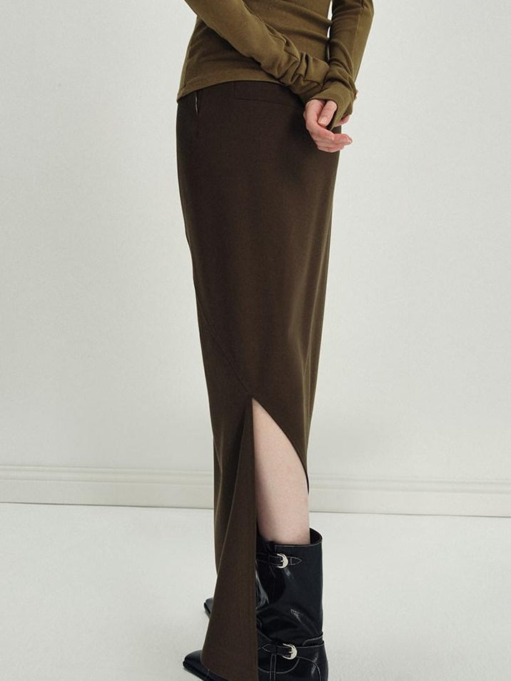 someonesometimes Versatile Olive Brown Mid Waist Back Slit H Line Polyester Midi Skirts