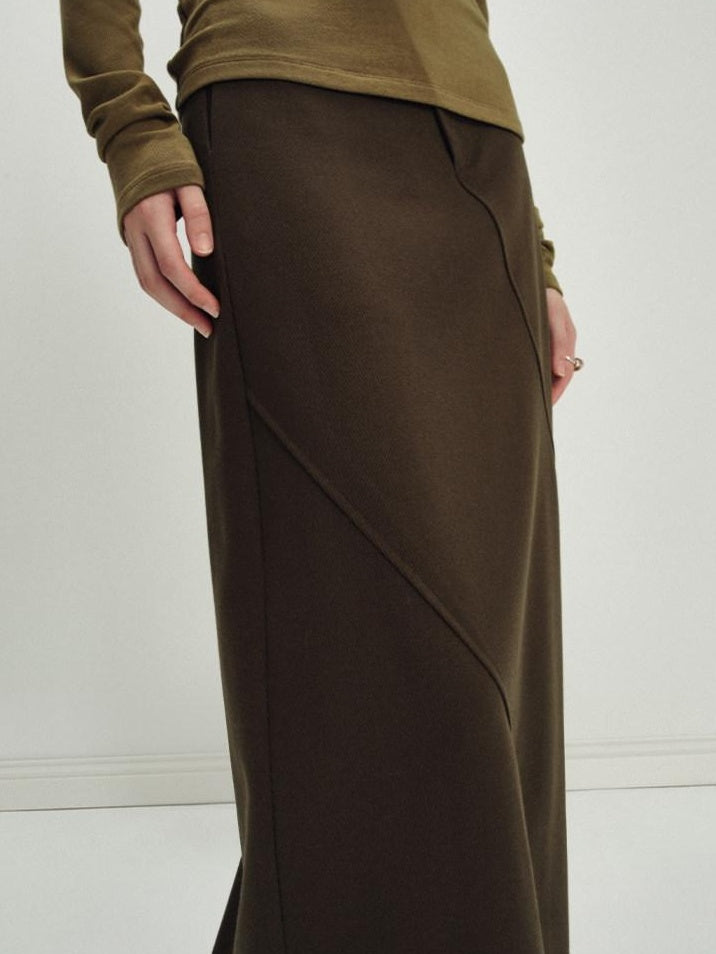 someonesometimes Versatile Olive Brown Mid Waist Back Slit H Line Polyester Midi Skirts