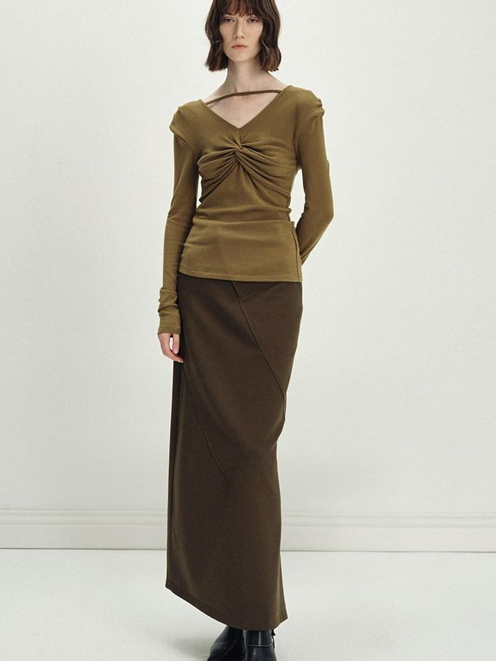 someonesometimes Versatile Olive Brown Mid Waist Back Slit H Line Polyester Midi Skirts