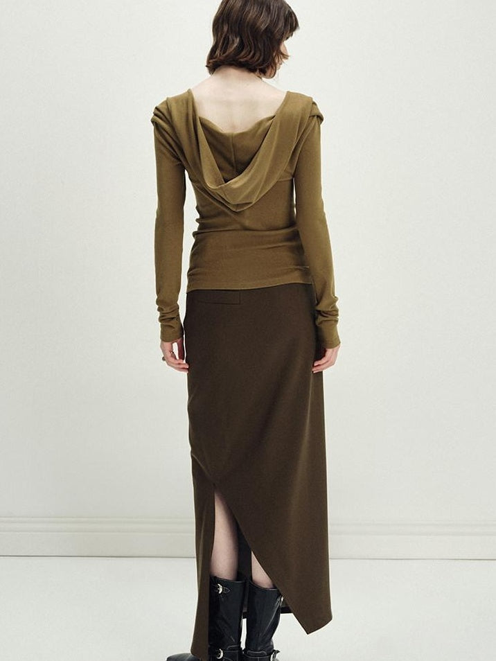 someonesometimes Versatile Olive Brown Mid Waist Back Slit H Line Polyester Midi Skirts