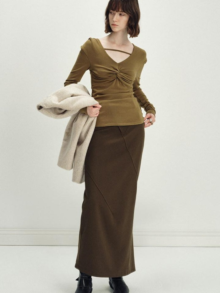 someonesometimes Versatile Olive Brown Mid Waist Back Slit H Line Polyester Midi Skirts