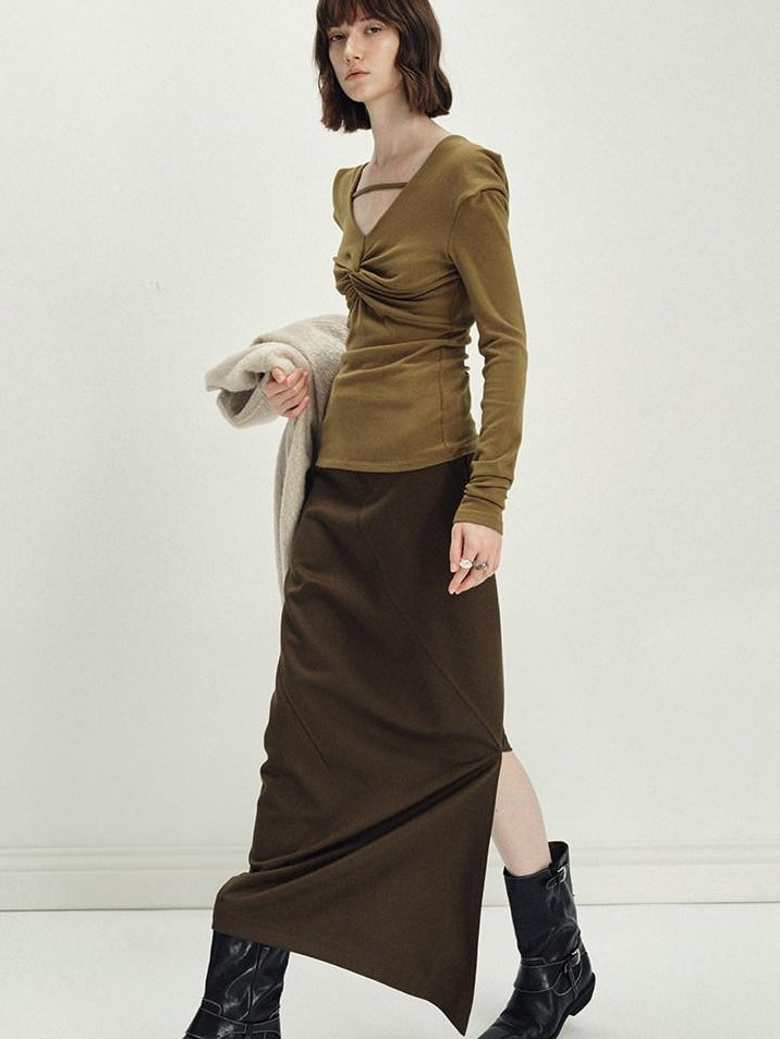 someonesometimes Versatile Olive Brown Mid Waist Back Slit H Line Polyester Midi Skirts