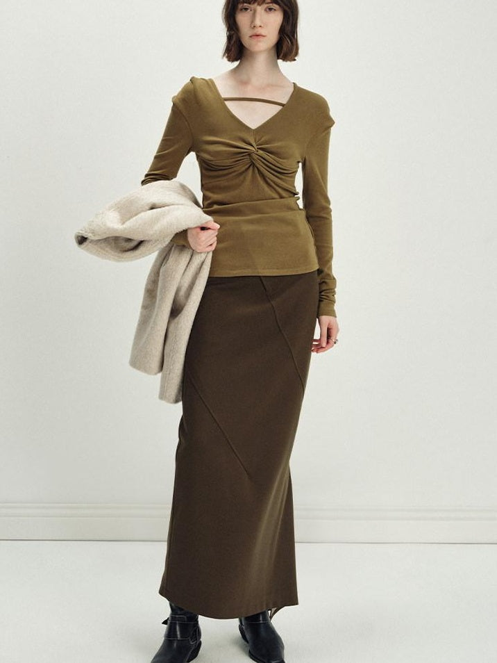 someonesometimes Versatile Olive Brown Mid Waist Back Slit H Line Polyester Midi Skirts