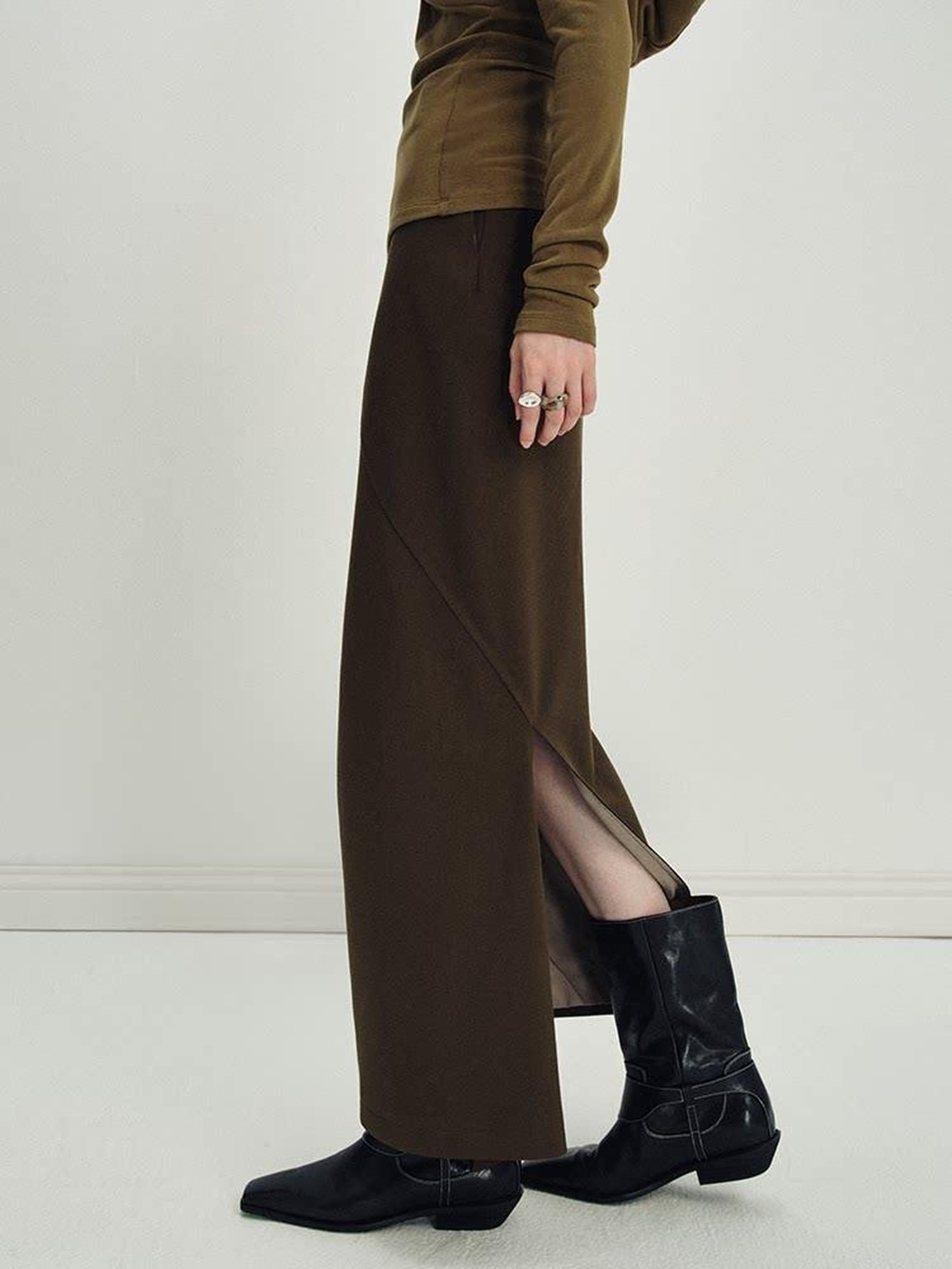 someonesometimes Versatile Olive Brown Mid Waist Back Slit H Line Polyester Midi Skirts