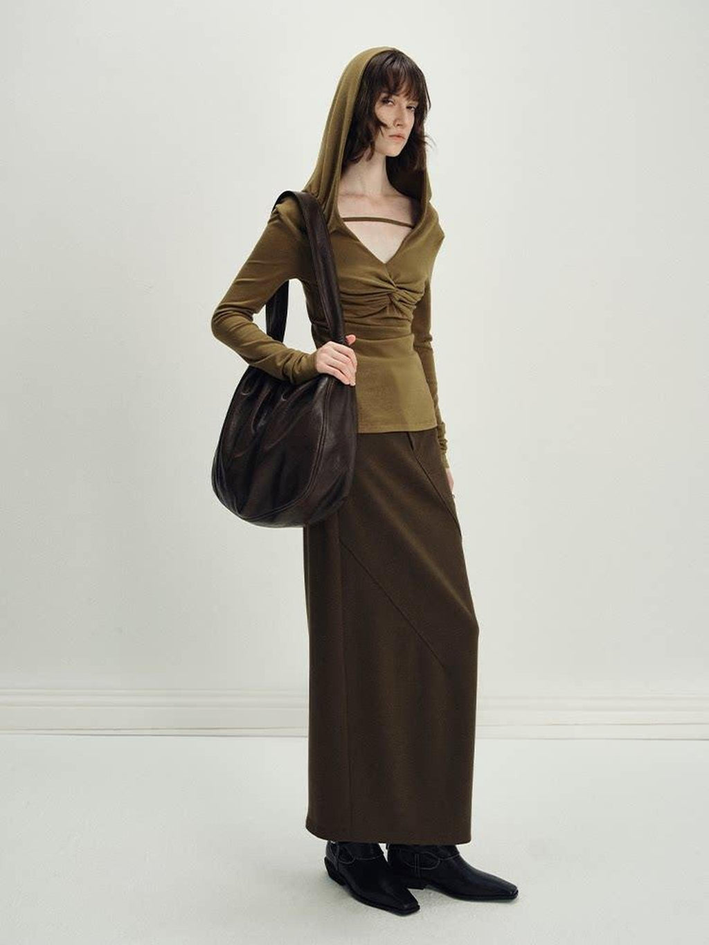 someonesometimes Versatile Olive Brown Mid Waist Back Slit H Line Polyester Midi Skirts