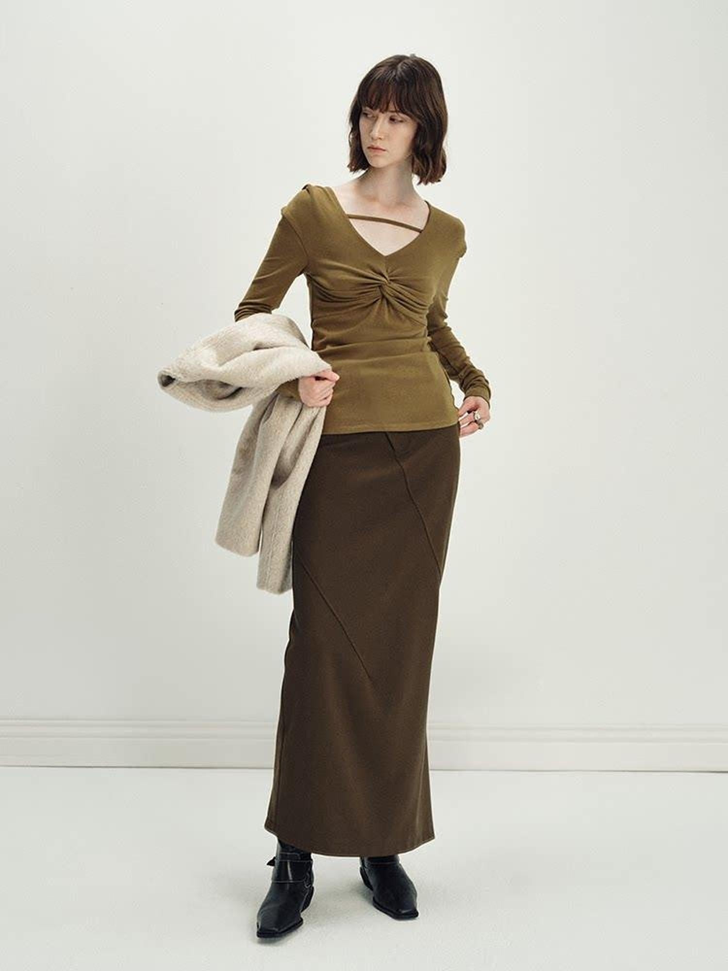 someonesometimes Versatile Olive Brown Mid Waist Back Slit H Line Polyester Midi Skirts