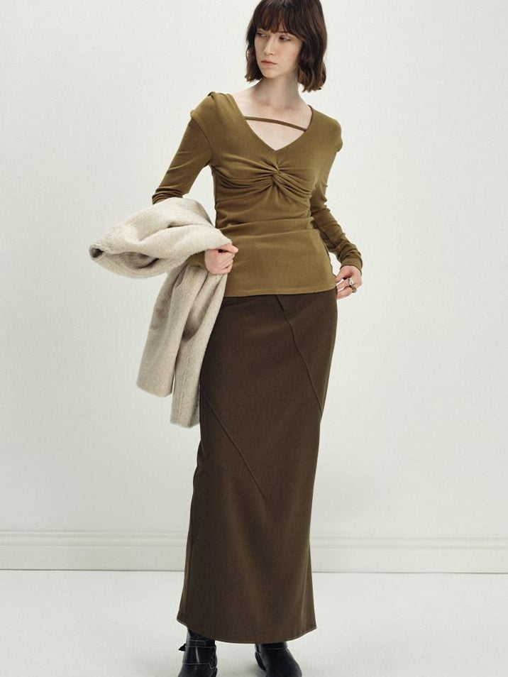 someonesometimes Versatile Olive Brown Mid Waist Back Slit H Line Polyester Midi Skirts