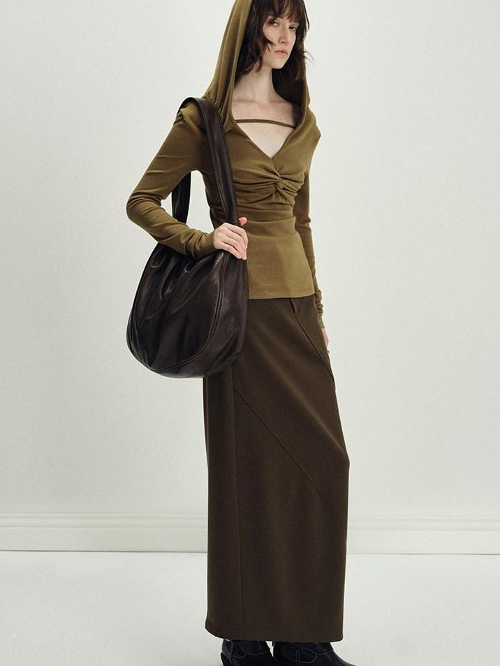 someonesometimes Versatile Olive Brown Mid Waist Back Slit H Line Polyester Midi Skirts