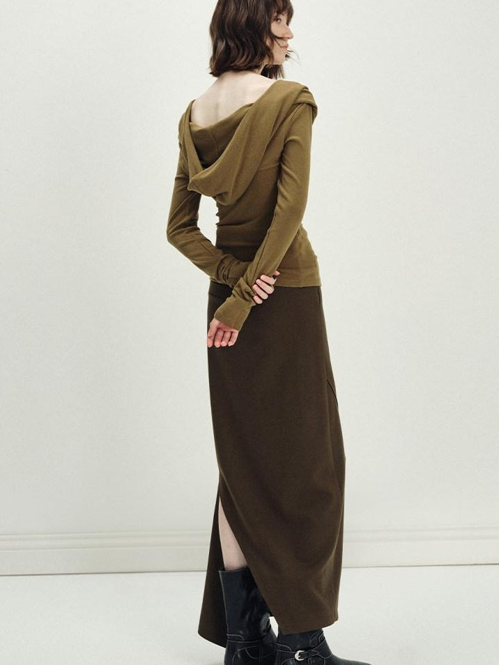 someonesometimes Versatile Olive Brown Mid Waist Back Slit H Line Polyester Midi Skirts