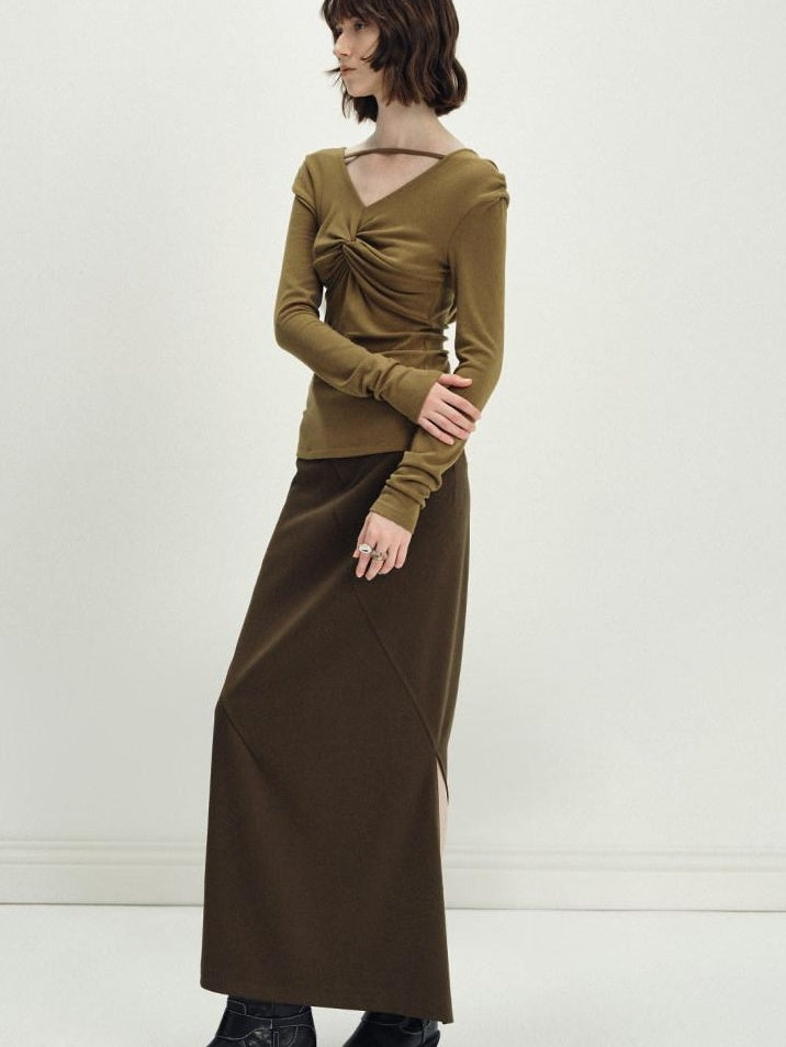 someonesometimes Versatile Olive Brown Mid Waist Back Slit H Line Polyester Midi Skirts