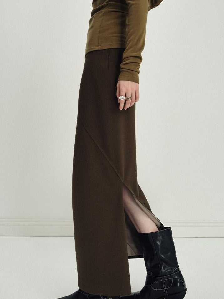 someonesometimes Versatile Olive Brown Mid Waist Back Slit H Line Polyester Midi Skirts