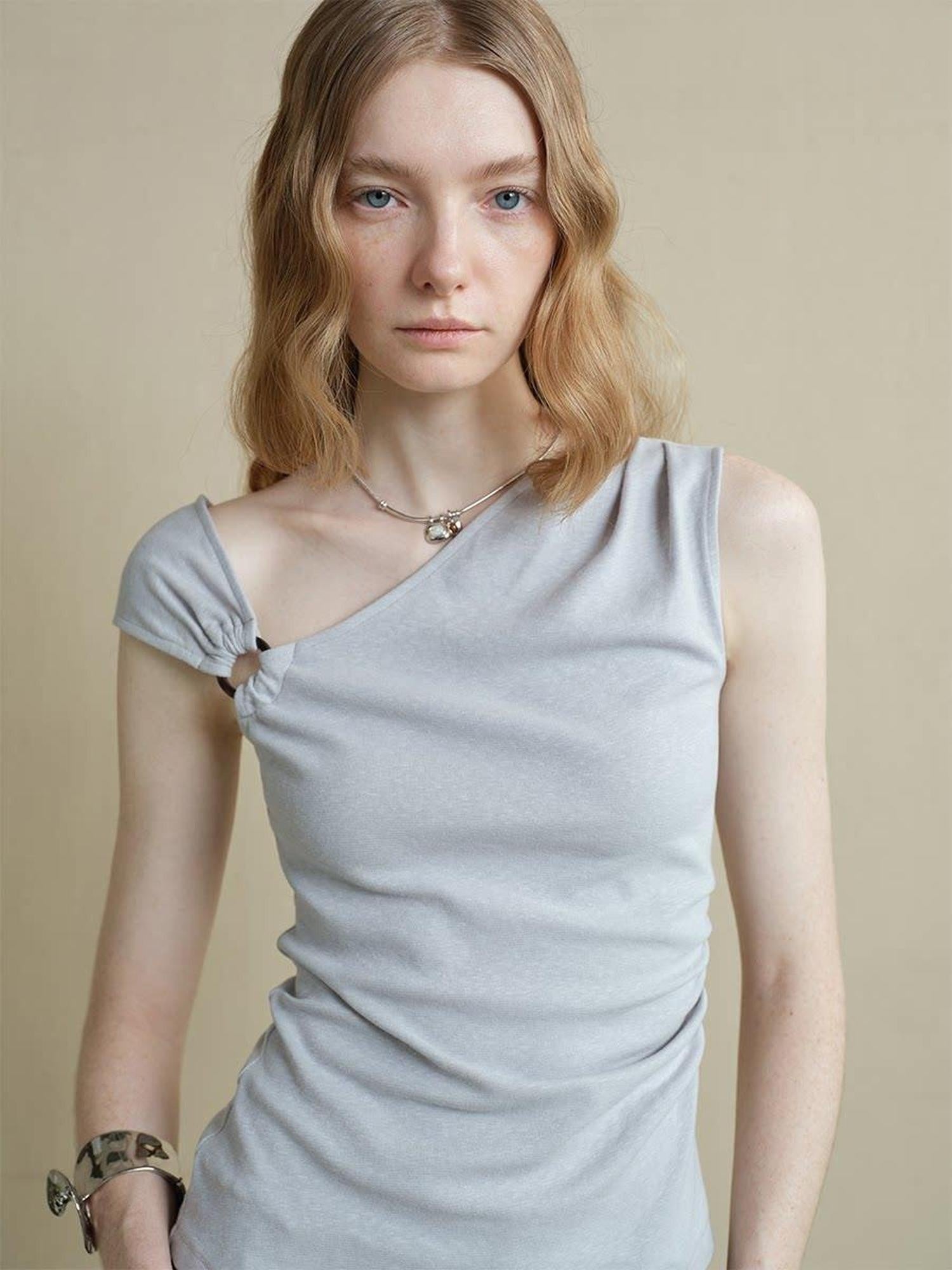 someonesometimes Versatile Patchwork Slim Asymmetric Shoulder Women Solid Short Sleeve T-Shirts