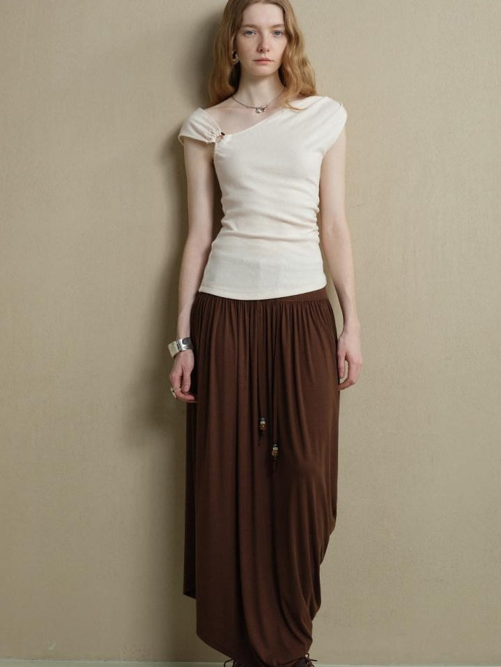 someonesometimes Versatile Patchwork Slim Asymmetric Shoulder Women Solid Short Sleeve T-Shirts