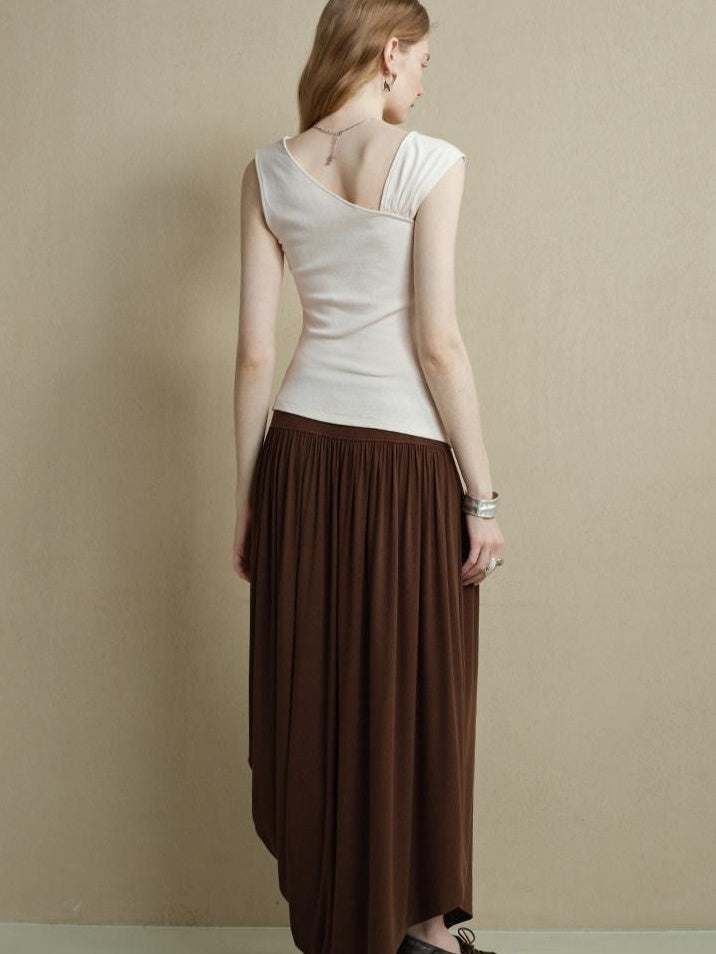someonesometimes Versatile Patchwork Slim Asymmetric Shoulder Women Solid Short Sleeve T-Shirts