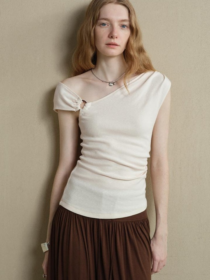 someonesometimes Versatile Patchwork Slim Asymmetric Shoulder Women Solid Short Sleeve T-Shirts