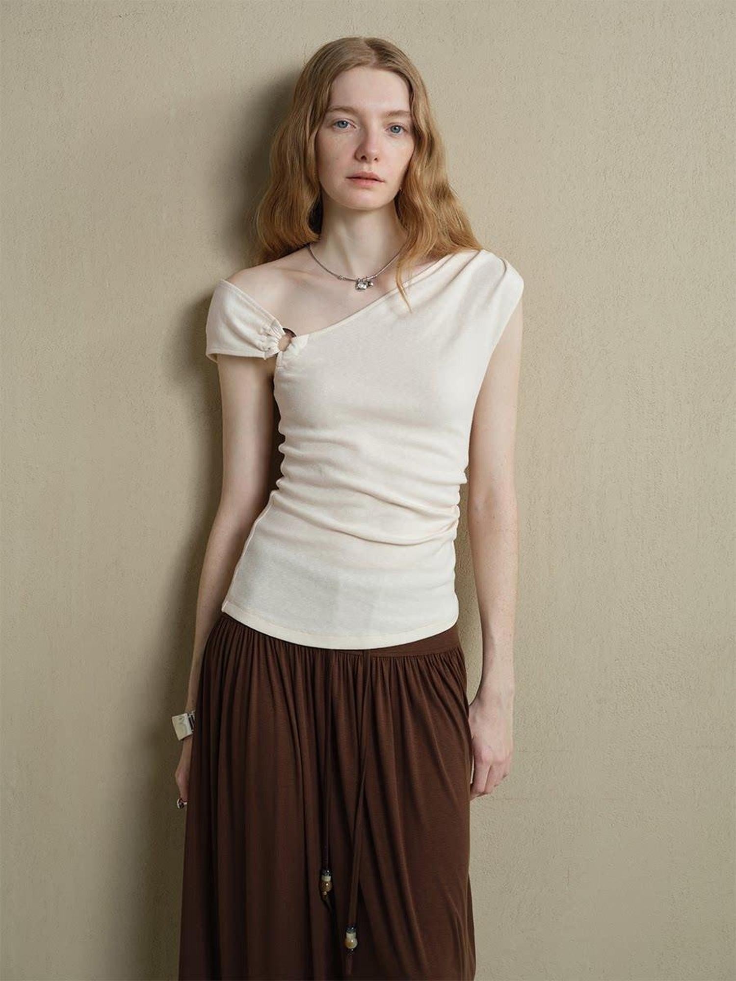 someonesometimes Versatile Patchwork Slim Asymmetric Shoulder Women Solid Short Sleeve T-Shirts