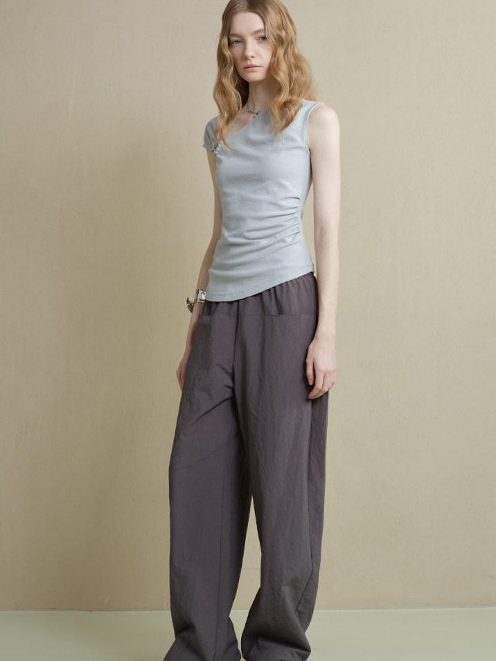 someonesometimes Versatile Patchwork Slim Asymmetric Shoulder Women Solid Short Sleeve T-Shirts