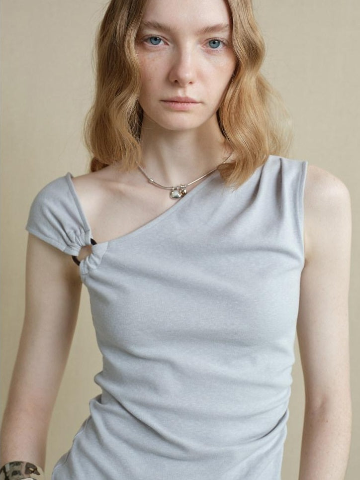 someonesometimes Versatile Patchwork Slim Asymmetric Shoulder Women Solid Short Sleeve T-Shirts