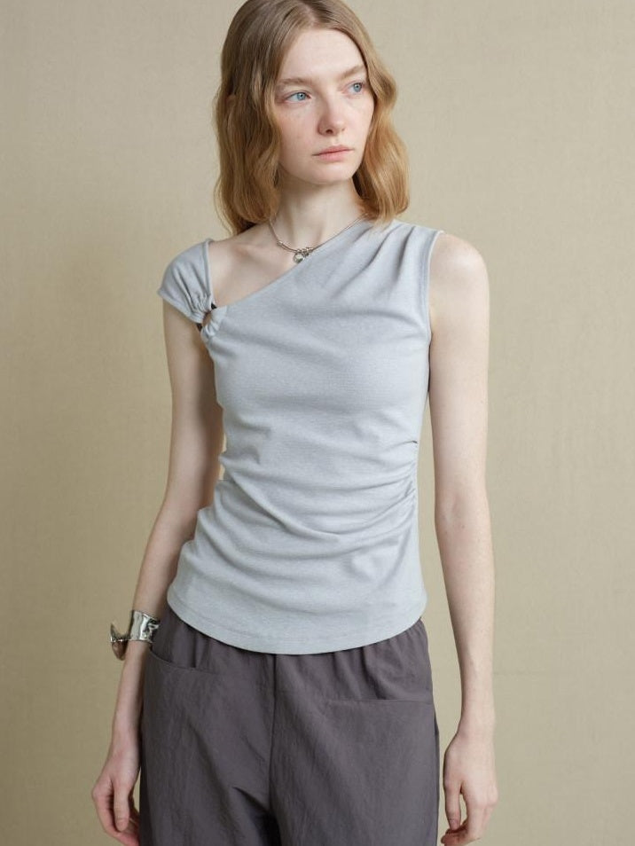 someonesometimes Versatile Patchwork Slim Asymmetric Shoulder Women Solid Short Sleeve T-Shirts