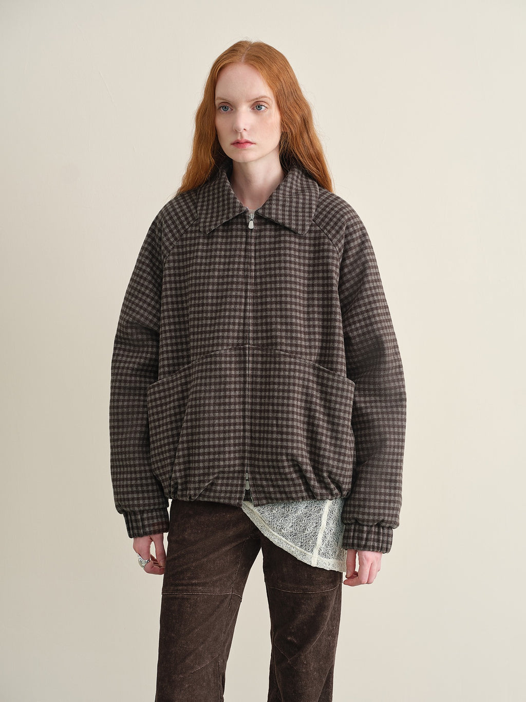someonesometimes Vichy Grey Check Detachable Zip Vintage Loose Fit Women Casual Puffer Jackets