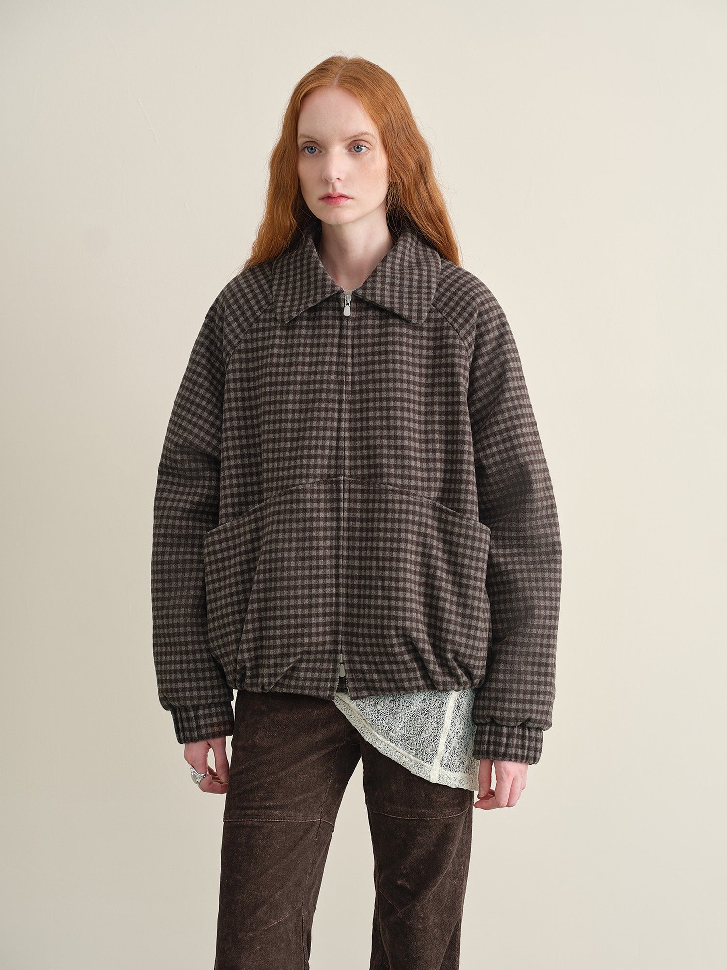 someonesometimes Vichy Grey Check Detachable Zip Vintage Loose Fit Women Casual Puffer Jackets