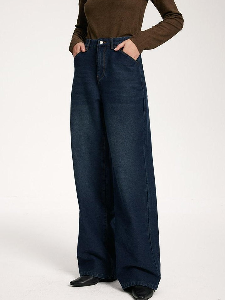 someonesometimes Vintage Blue Natural Waist Relaxed Fit Casual Polyester Wide Leg Jeans