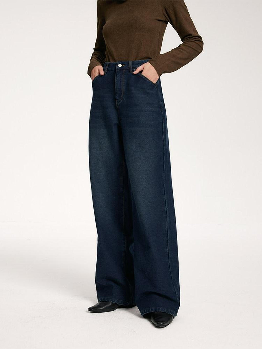 someonesometimes Vintage Blue Natural Waist Relaxed Fit Casual Polyester Wide Leg Jeans