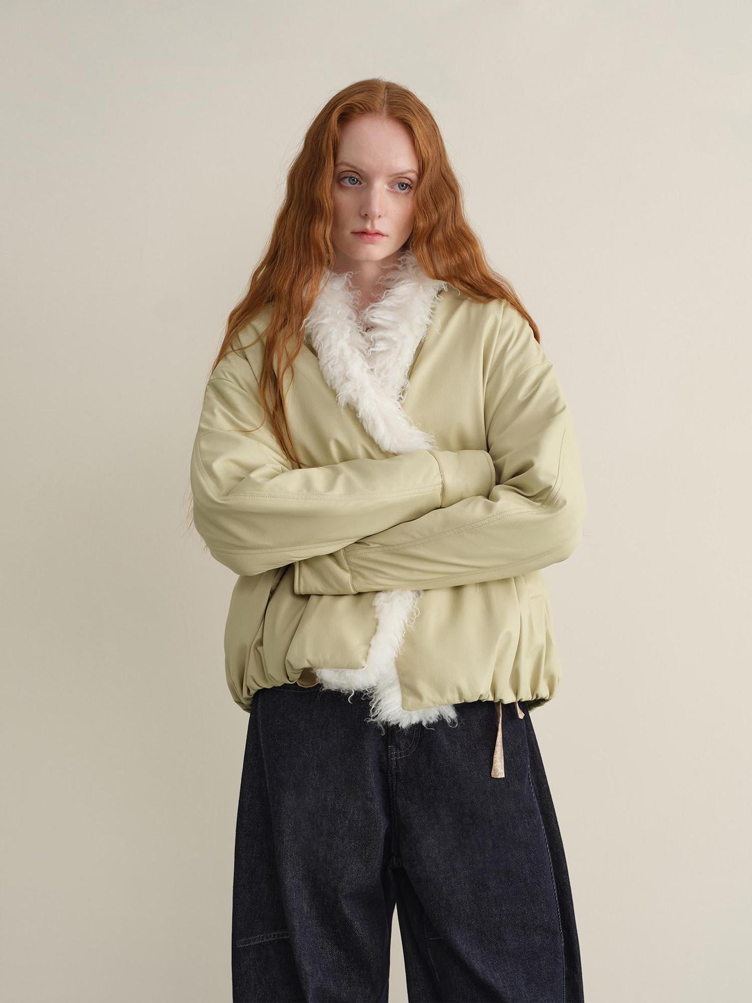 someonesometimes Vintage Oversized Patchwork Pu Lapel Women Reed Yellow Leather Jackets