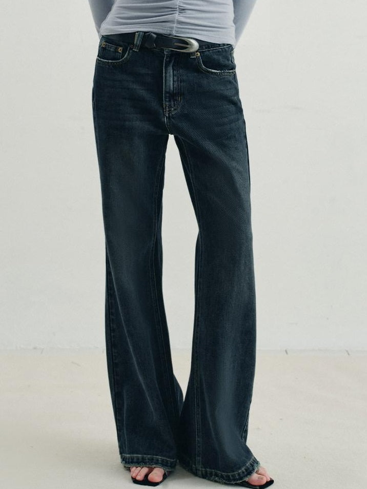someonesometimes Vintage Washed Low Rise Distressed Denim Stretch Women Deep Indigo Flared Jeans