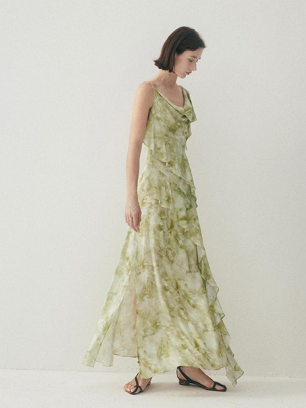 someonesometimes Viscose Asymmetric Ruffle Hem Cinched Waist Aline Lake Green Maxi Dresses