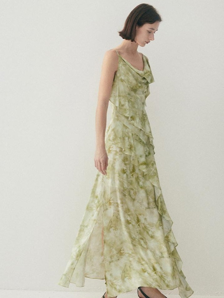 someonesometimes Viscose Asymmetric Ruffle Hem Cinched Waist Aline Lake Green Maxi Dresses