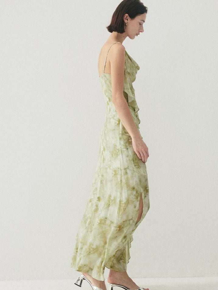 someonesometimes Viscose Asymmetric Ruffle Hem Cinched Waist Aline Lake Green Maxi Dresses