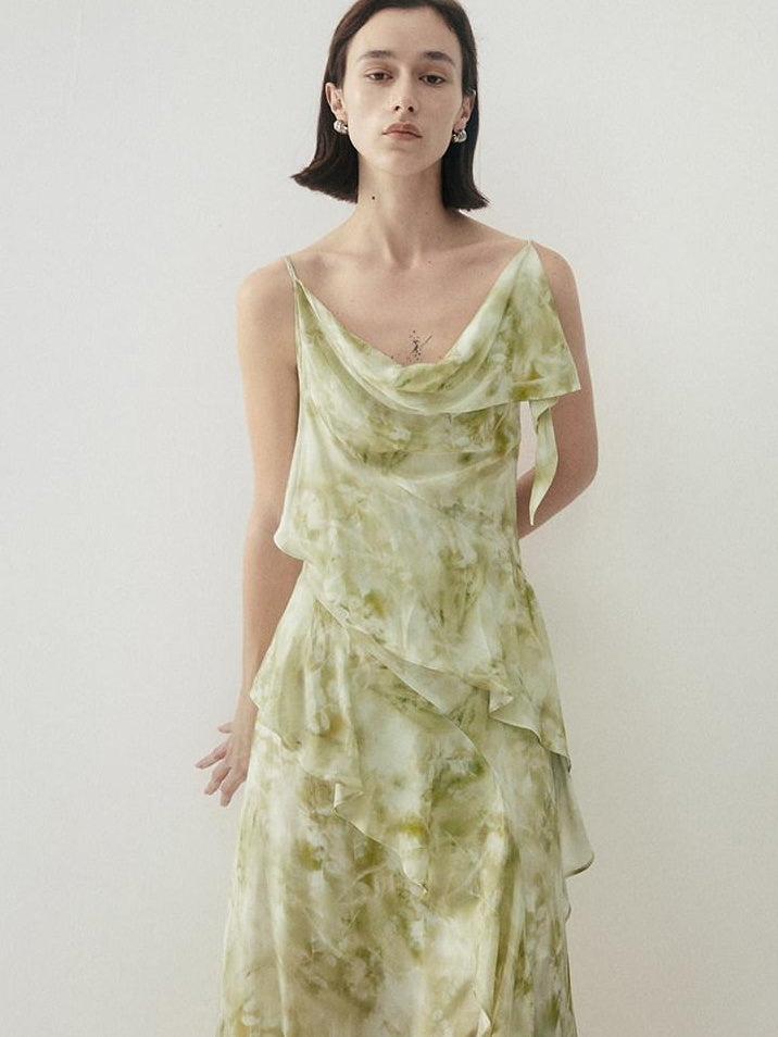 someonesometimes Viscose Asymmetric Ruffle Hem Cinched Waist Aline Lake Green Maxi Dresses