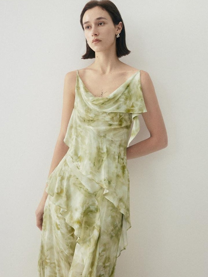 someonesometimes Viscose Asymmetric Ruffle Hem Cinched Waist Aline Lake Green Maxi Dresses