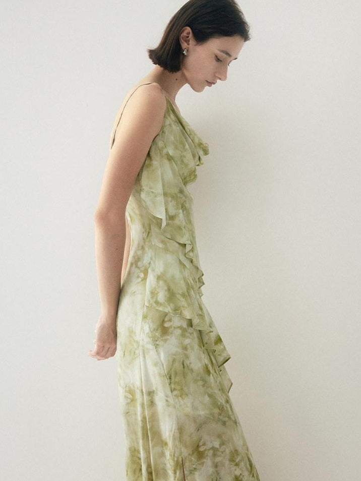 someonesometimes Viscose Asymmetric Ruffle Hem Cinched Waist Aline Lake Green Maxi Dresses