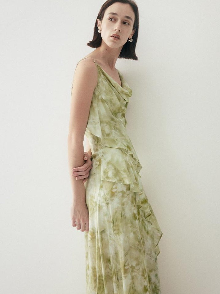 someonesometimes Viscose Asymmetric Ruffle Hem Cinched Waist Aline Lake Green Maxi Dresses